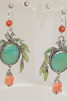 Sterling Silver, Enameled, turquoise, pink & red coral earrings