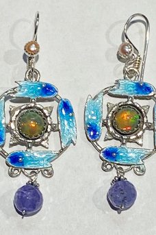 Sterling Silver, Enameled, Ethiopian Opals, Pearls, Tanzanite Earrings