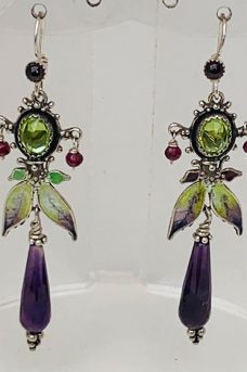 Sterling Silver, Enameled, Peridot, Amethyst, Garnets Earrings