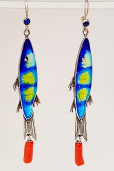 Sterling Silver, Enameled, Coral, Lapis Earrings