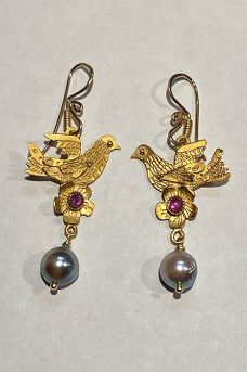Gold Plate , Ruby, Pearl earrings