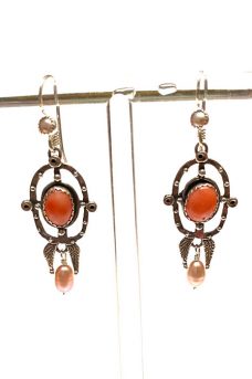 Earrings of Sterling Silver, Coral, Pearls