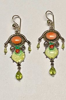 Sterling Silver, Coral, Peridot earrings