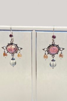 Earrings made from Sterling Silver, Tourmaline, Green Amethyst, Pearls